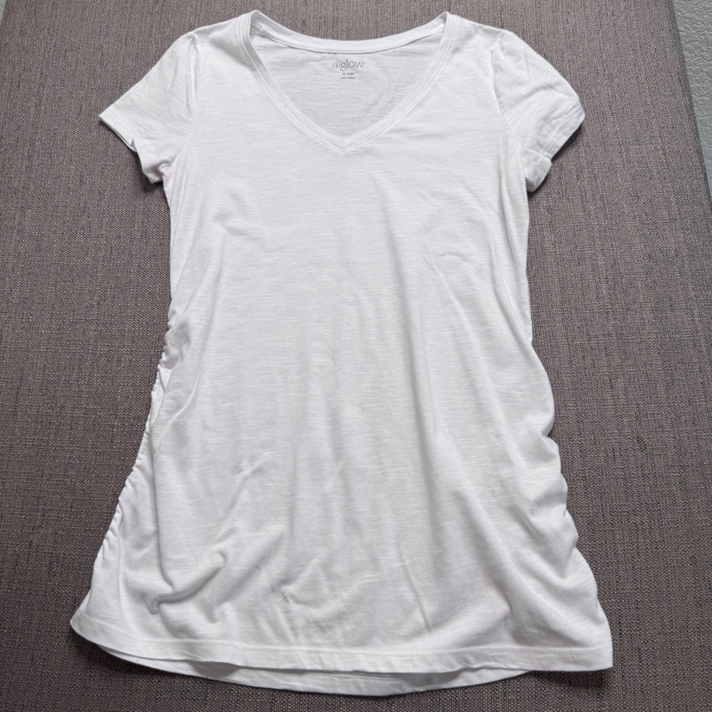 A:glow Maternity V-Neck Short Sleeve Ruched Side Tee White Medium
